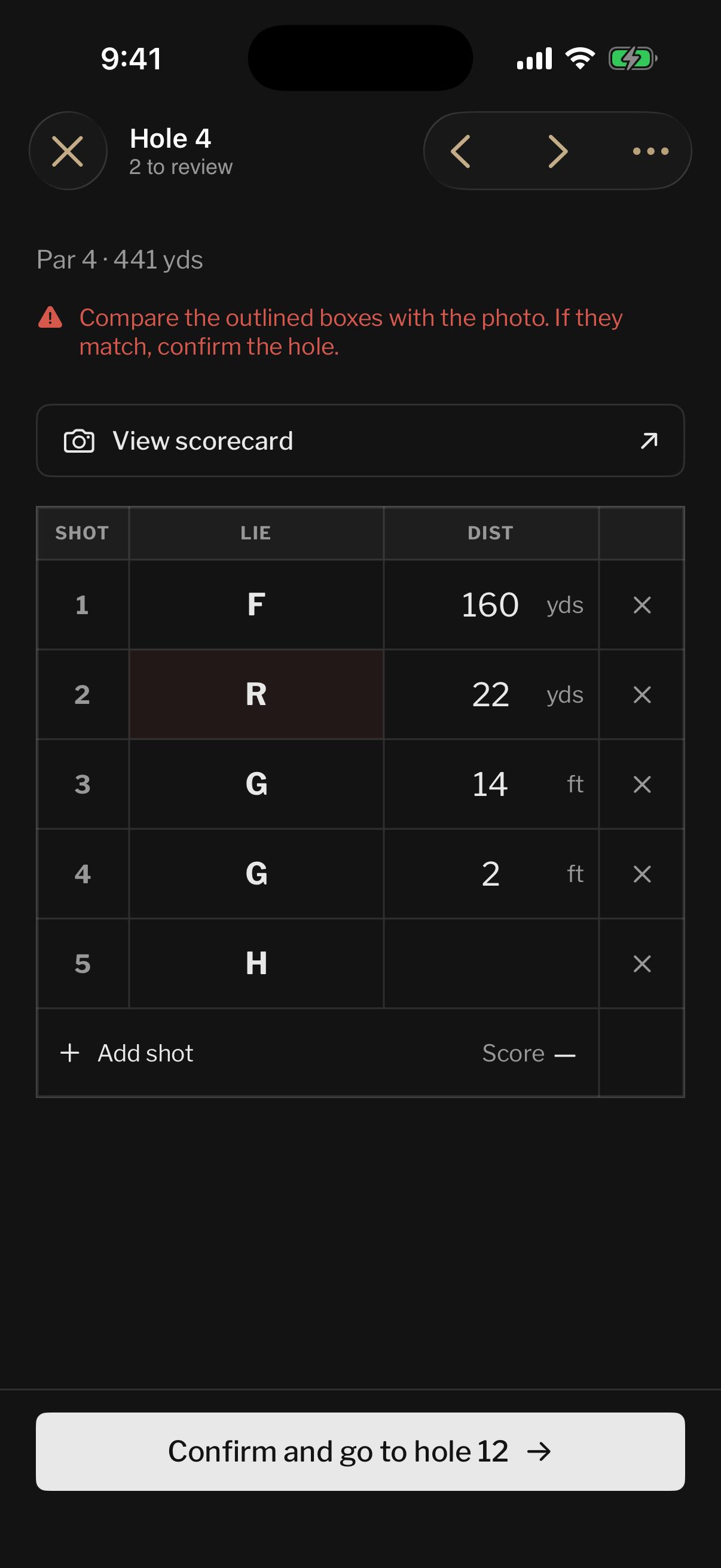 The hole editor with one uncertain lie outlined and the score withheld until it's confirmed
