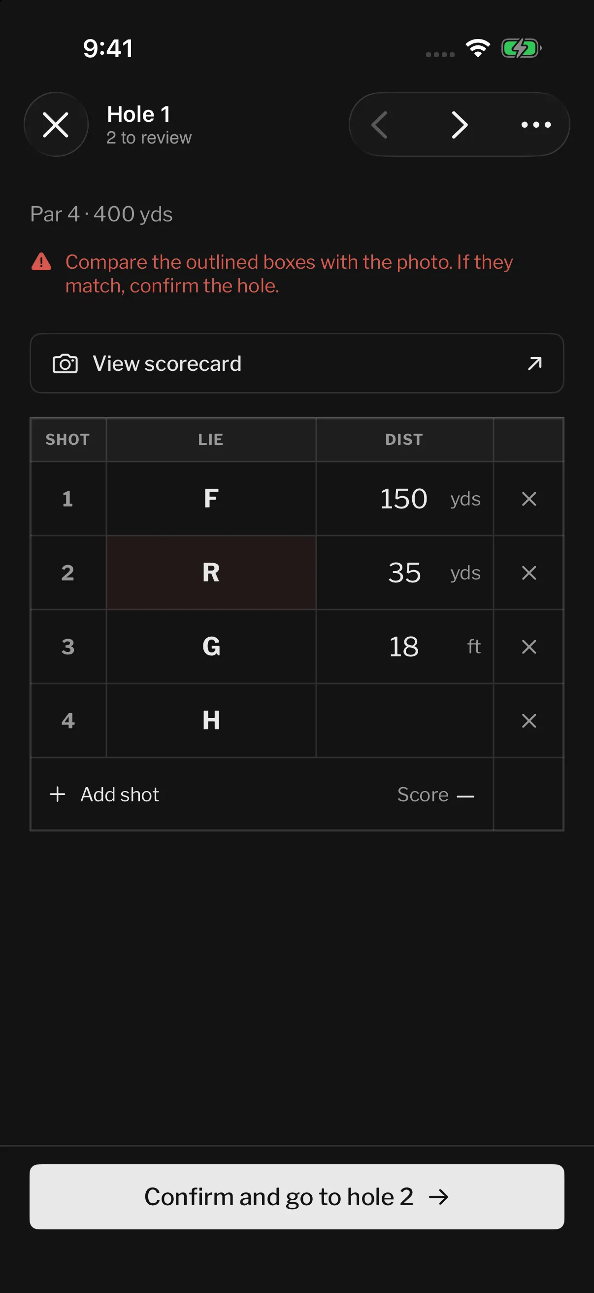 Current iPhone scanned-scorecard review with an uncertain lie highlighted, a photo reference button, and editable shots