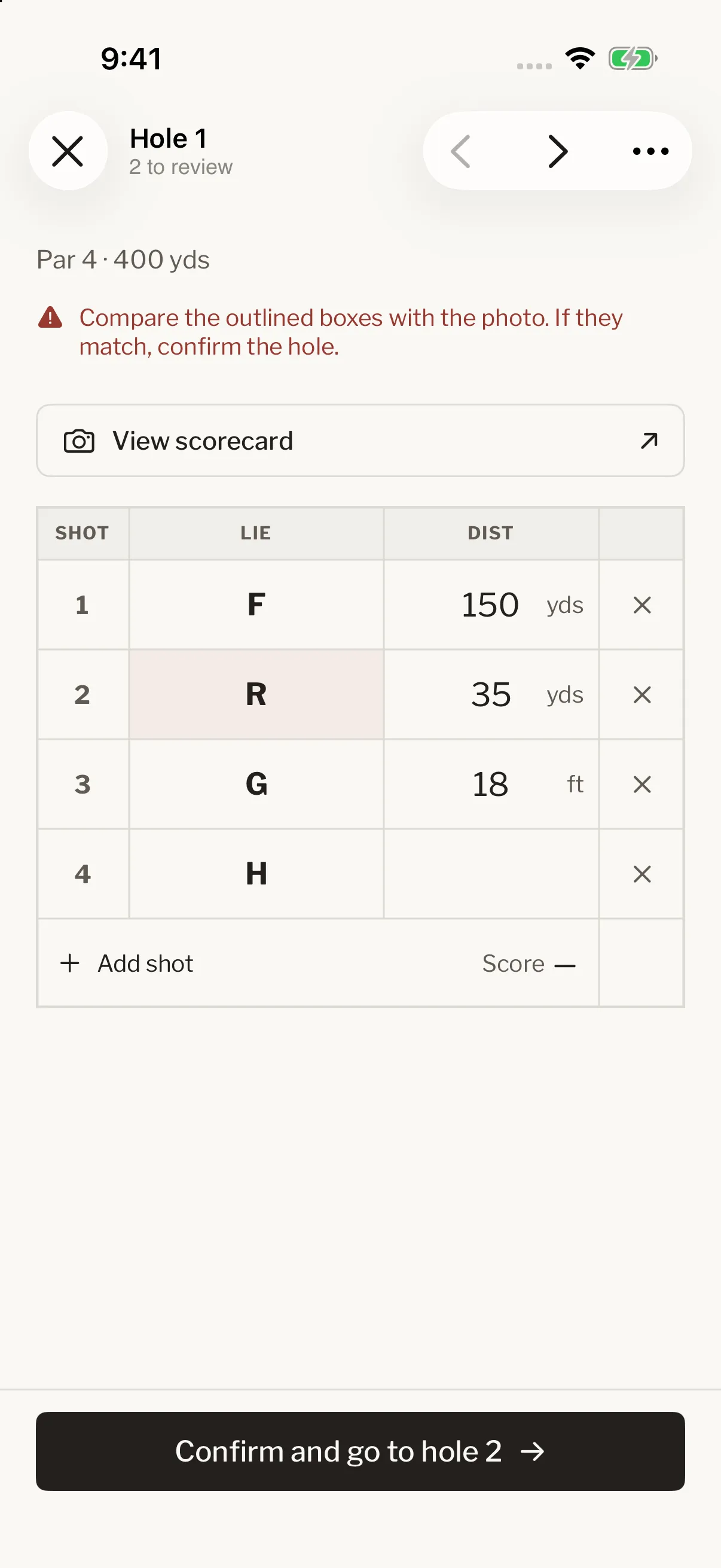 Current iPhone scanned-scorecard review with an uncertain lie highlighted, a photo reference button, and editable shots