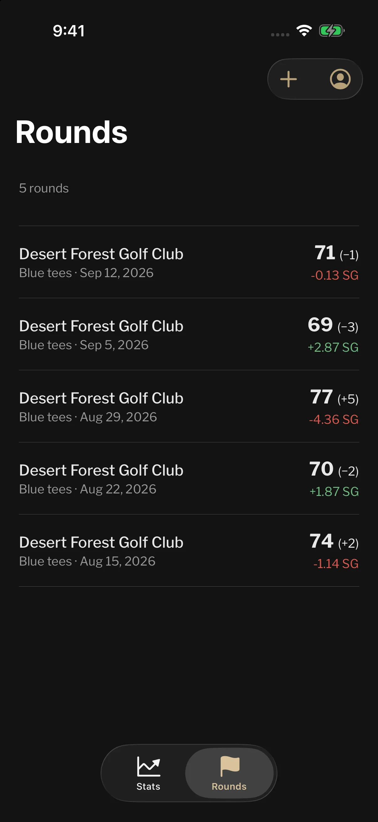 Stroke Gains iPhone round history with scores and total strokes gained