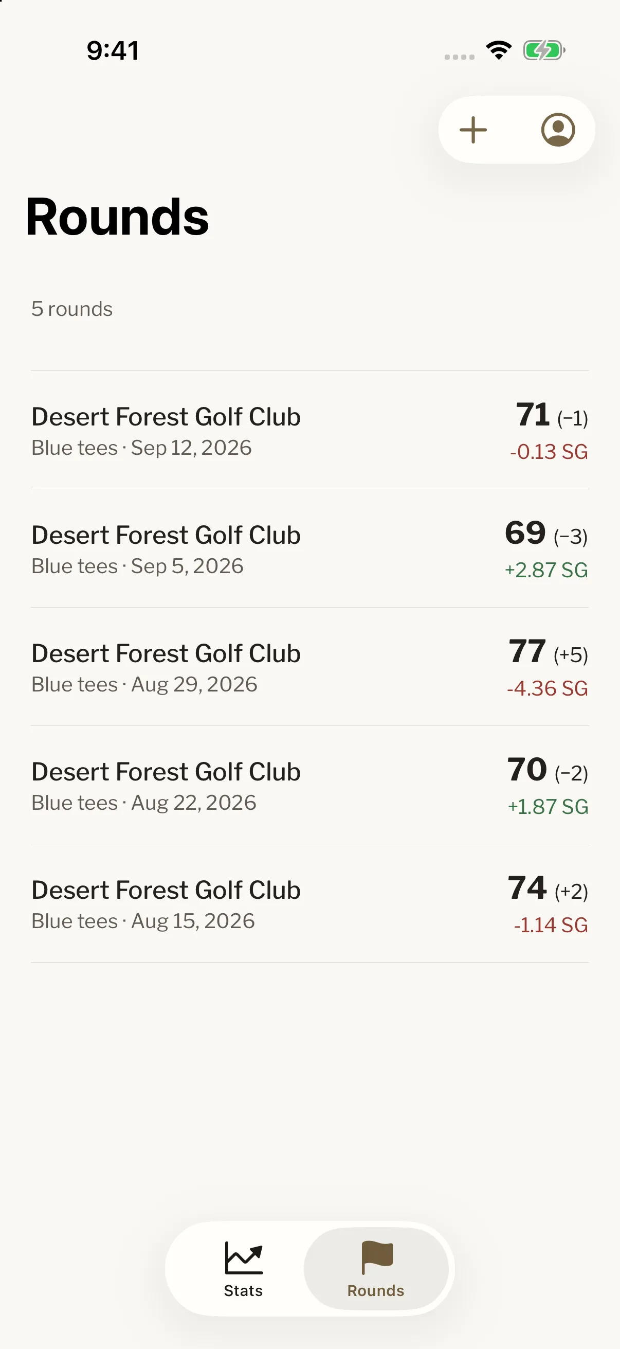 Stroke Gains iPhone round history with scores and total strokes gained