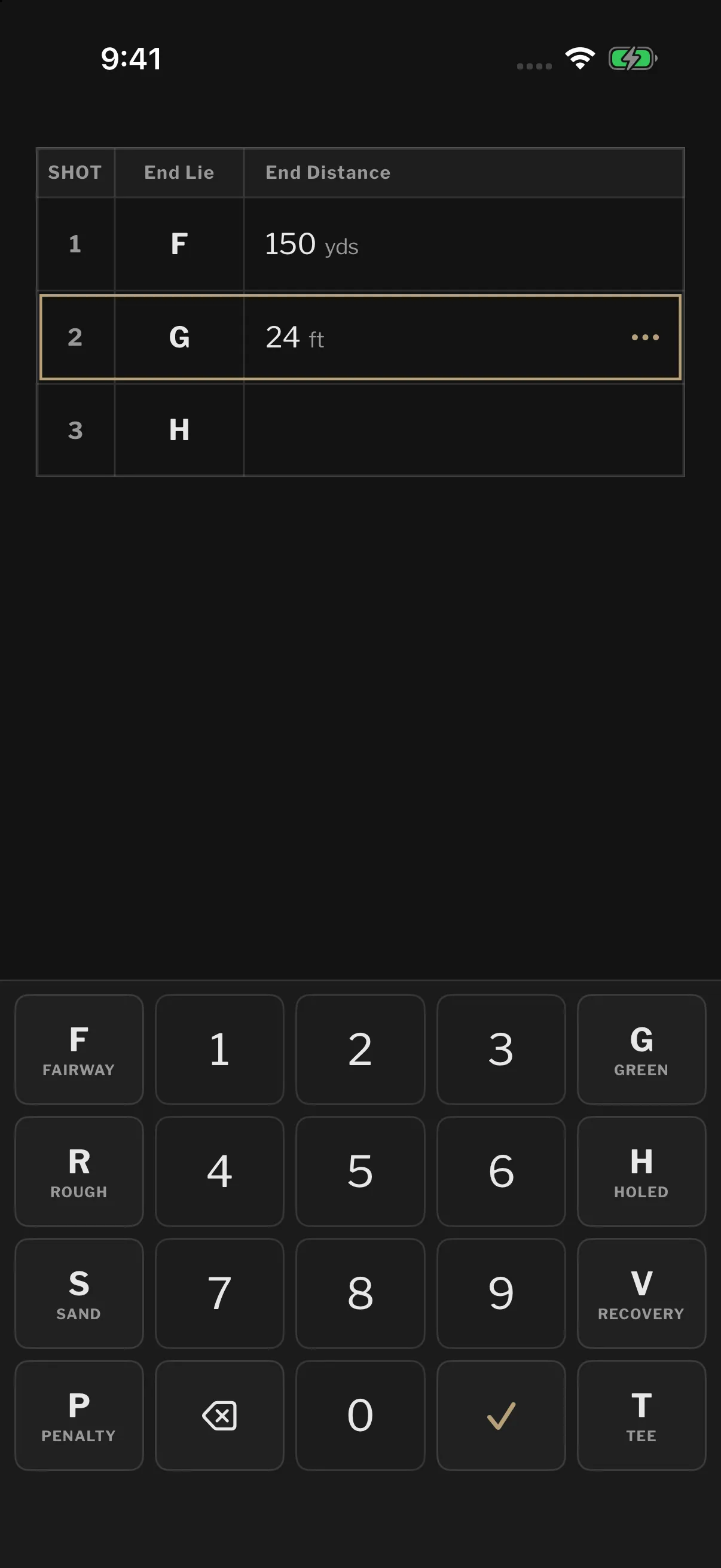 Current iPhone shot-entry preview with fairway, green, and holed shots and a dedicated golf keyboard