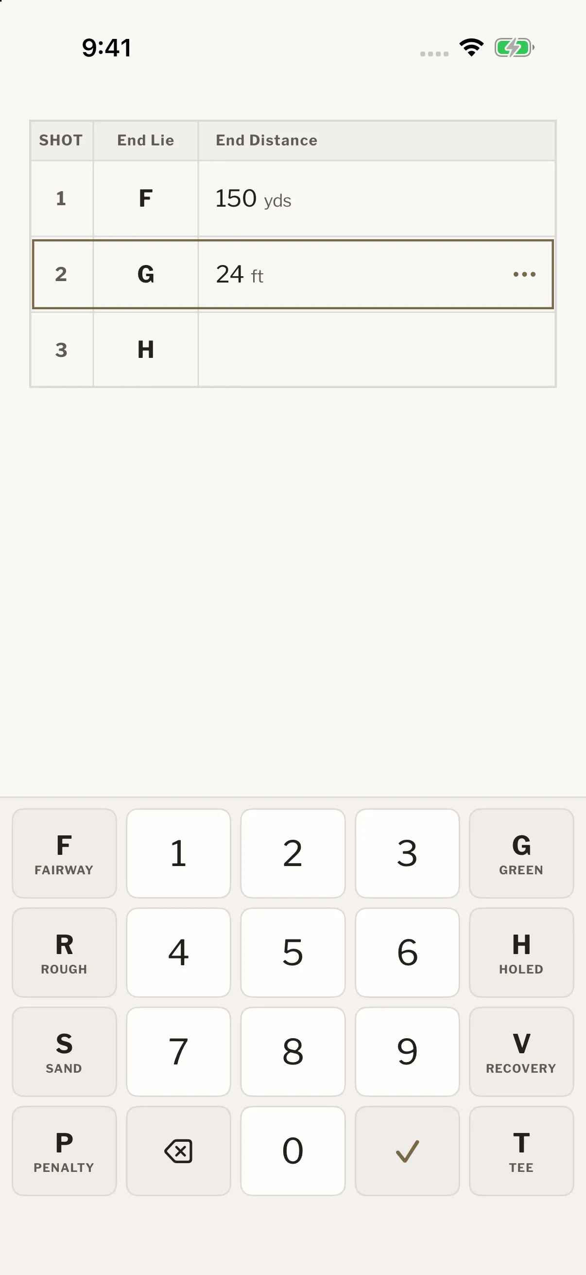 Current iPhone shot-entry preview with fairway, green, and holed shots and a dedicated golf keyboard